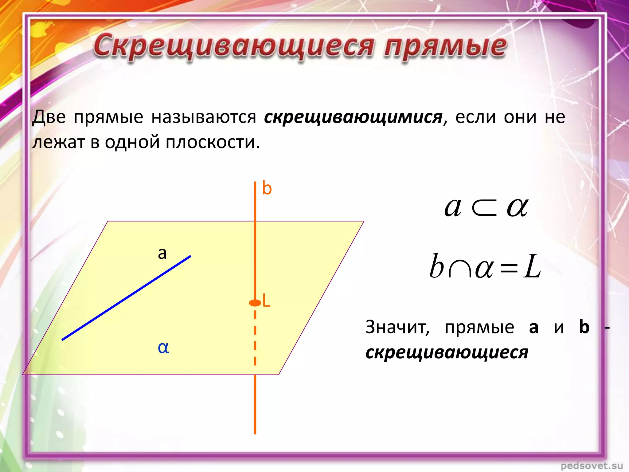 Две прямые называются скрещивающимися, если они не
лежат в одной плоскости.
a
b
L
α
Lb 
a
Значит, прямые а и b -
скрещивающиеся
 