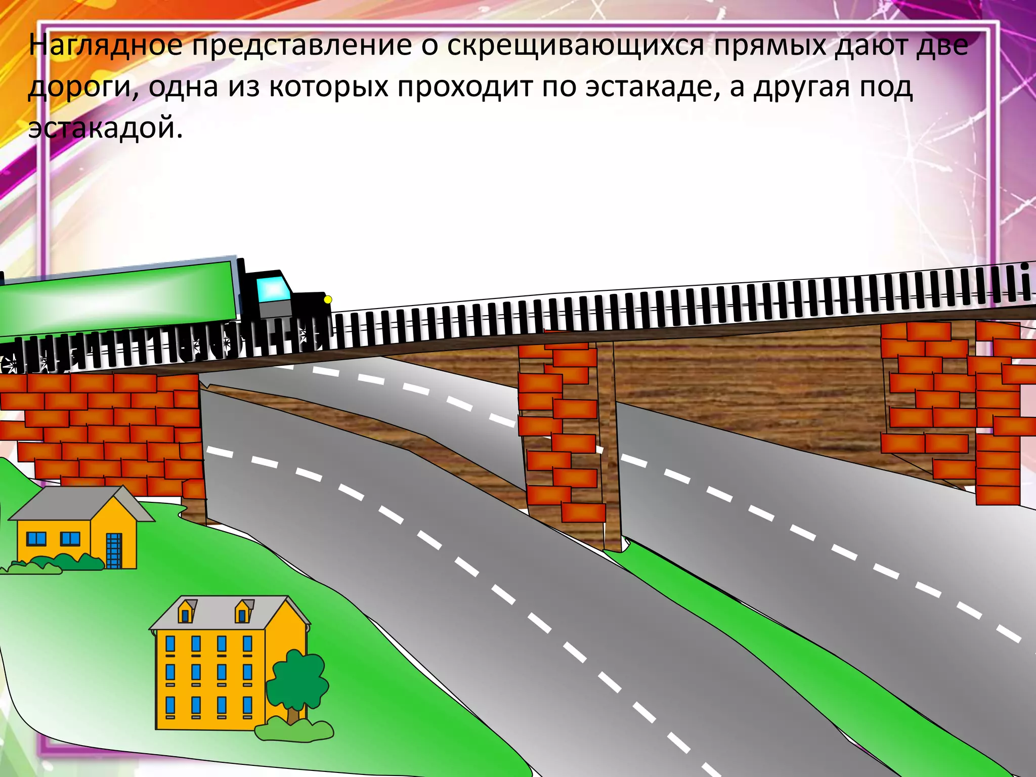 Наглядное представление о скрещивающихся прямых дают две
дороги, одна из которых проходит по эстакаде, а другая под
эстакадой.
 