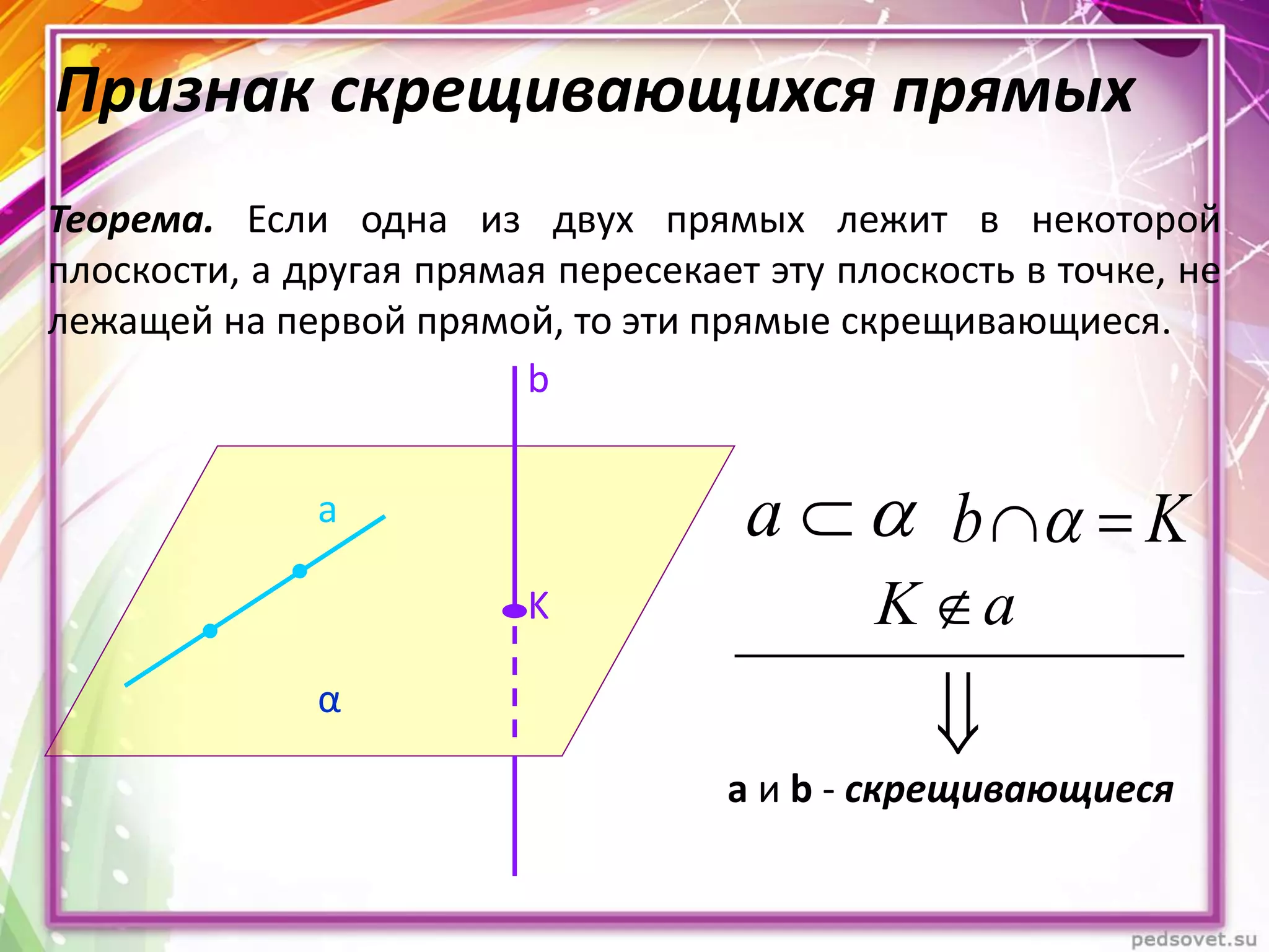Признак скрещивающихся прямых
Теорема. Если одна из двух прямых лежит в некоторой
плоскости, а другая прямая пересекает эту плоскость в точке, не
лежащей на первой прямой, то эти прямые скрещивающиеся.
a
b
K
α
Kb a
aK 

а и b - скрещивающиеся
 