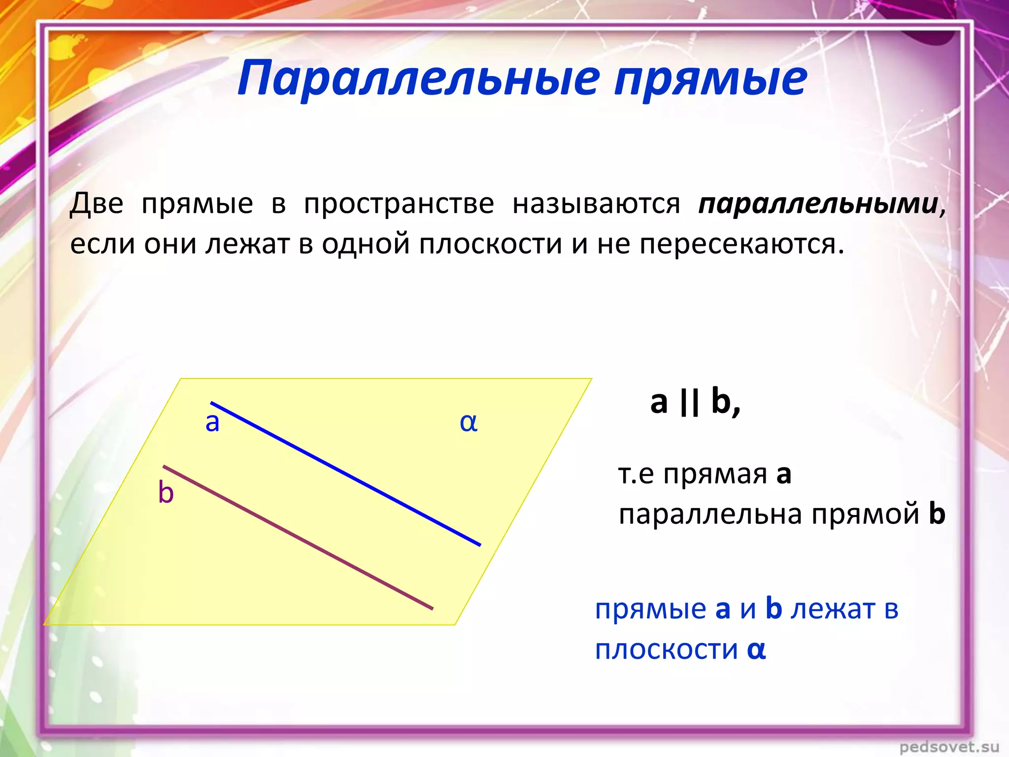 Параллельные прямые
Две прямые в пространстве называются параллельными,
если они лежат в одной плоскости и не пересекаются.
b
a α
a ‫׀׀‬ b,
т.е прямая а
параллельна прямой b
прямые а и b лежат в
плоскости α
 