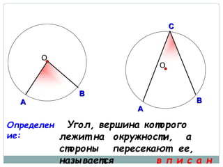 АА
ВВ
О
АА
ВВ
АА
ВВ
ОО
АА
ВВ
СС
О
АА
ВВ
СС
АА
ВВ
СС
ОО
Определен
ие:
Угол, вершина которого
лежит на окружности, а
стороны пересекают ее,
называется в п и с а н
 