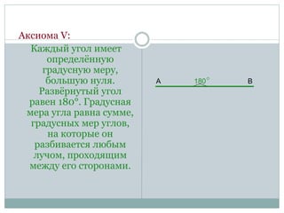 Аксиома V:
Каждый угол имеет
определённую
градусную меру,
большую нуля.
Развёрнутый угол
равен 180°. Градусная
мера угла равна сумме,
градусных мер углов,
на которые он
разбивается любым
лучом, проходящим
между его сторонами.
180 ВА
 