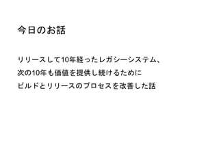 今日のお話
リリースして10年経ったレガシーシステム、
次の10年も価値を提供し続けるために
ビルドとリリースのプロセスを改善した話
 