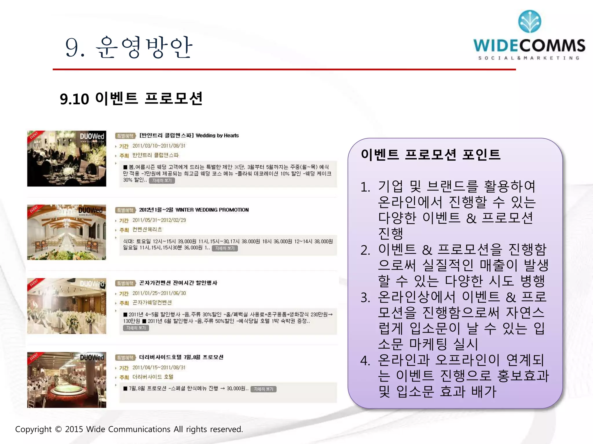 Copyright © 2015 Wide Communications All rights reserved.
9. 운영방안
9.10 이벤트 프로모션
이벤트 프로모션 포인트
1. 기업 및 브랜드를 활용하여
온라인에서 진행할 수 있는
다양한 이벤트 & 프로모션
진행
2. 이벤트 & 프로모션을 진행함
으로써 실질적인 매출이 발생
할 수 있는 다양한 시도 병행
3. 온라인상에서 이벤트 & 프로
모션을 진행함으로써 자연스
럽게 입소문이 날 수 있는 입
소문 마케팅 실시
4. 온라인과 오프라인이 연계되
는 이벤트 진행으로 홍보효과
및 입소문 효과 배가
 