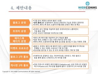 Copyright © 2015 Wide Communications All rights reserved.
4. 제안내용
블로그 운영
 기업 공식 계정의 네이버 블로그 운영
 공식 블로그로 운영하면서 정보성 콘텐츠와 가십성 콘텐츠 업데이트
 트위터, 페이스북 등의 소셜미디어를 통한 콘텐츠 배포 및 확산
트위터 운영
 트위터 공식 계정을 개설하여 많은 트위터리안과 소통하면서
기업 홍보 진행
 작은 규모의 이벤트를 지속적으로 진행
페이스북
페이지 운영
 페이스북 페이지를 개설하여 공식 채널로 활용
 많은 팬과 소통할 수 있는 커뮤니케이션 전략 수립
 페이스북의 소셜네트워크를 통해 입소문을 일으킬 수 있는 이벤트 진행
블로그 2차 홍보
 자체적으로 운영하고 있는 가타부타닷컴, 리뷰로그, 개인 블로그
등을 통해 블로그 콘텐츠의 2차 바이럴 진행
게시판 3차 홍보
 여성 커뮤니티 포탈인 레이디플러스(ladyplus.net), 남성 커뮤니티 포탈인
엑스티비(extv.co.kr) 게시판을 활용해 블로그 콘텐츠의 2차 바이럴 진행
이벤트 프로모션
 블로그, 트위터, 페이스북 페이지 등의 소셜미디어를 통해 주기적으로
진행할 수 있는 이벤트 프로모션 기획 및 진행
 입소문을 일으킬 수 있는 온·오프·모바일 이벤트 기획 및 진행
 