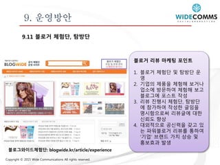 Copyright © 2015 Wide Communications All rights reserved.
9. 운영방안
9.11 블로거 체험단, 탐방단
블로거 리뷰 마케팅 포인트
1. 블로거 체험단 및 탐방단 운
영
2. 기업의 제품을 체험해 보거나
업소에 방문하여 체험해 보고
블로그에 포스트 작성
3. 리뷰 진행시 체험단, 탐방단
에 참가하여 작성한 글임을
명시함으로써 리뷰글에 대한
신뢰도 향상
4. 대외적으로 공신력을 갖고 있
는 파워블로거 리뷰를 통하여
‘기업’ 브랜드 가치 상승 및
홍보효과 발생
블로그와이드체험단: blogwide.kr/article/experience
 