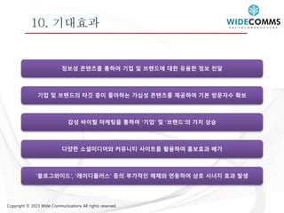 Copyright © 2015 Wide Communications All rights reserved.
10. 기대효과
정보성 콘텐츠를 통하여 기업 및 브랜드에 대한 유용한 정보 전달
기업 및 브랜드의 타깃 층이 좋아하는 가십성 콘텐츠를 제공하여 기본 방문자수 확보
감성 바이럴 마케팅을 통하여 ‘기업’ 및 ‘브랜드’의 가치 상승
다양한 소셜미디어와 커뮤니티 사이트를 활용하여 홍보효과 배가
‘블로그와이드’, ‘레이디플러스’ 등의 부가적인 매체와 연동하여 상호 시너지 효과 발생
 