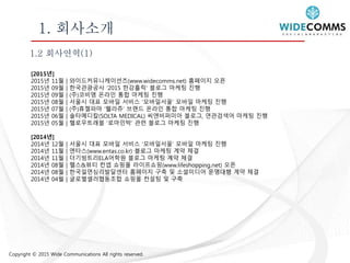 Copyright © 2015 Wide Communications All rights reserved.
1. 회사소개
1.2 회사연혁(1)
[2015년]
2015년 11월 | 와이드커뮤니케이션즈(www.widecomms.net) 홈페이지 오픈
2015년 09월 | 한국관광공사 ‘2015 한강홀릭’ 블로그 마케팅 진행
2015년 09월 | (주)코비엠 온라인 통합 마케팅 진행
2015년 08월 | 서울시 대표 모바일 서비스 ‘모바일서울’ 모바일 마케팅 진행
2015년 07월 | (주)휴젤파마 ‘웰라쥬’ 브랜드 온라인 통합 마케팅 진행
2015년 06월 | 솔타메디칼(SOLTA MEDICAL) 씨앤비퍼미아 블로그, 연관검색어 마케팅 진행
2015년 05월 | 헬로우트래블 ‘로마민박’ 관련 블로그 마케팅 진행
[2014년]
2014년 12월 | 서울시 대표 모바일 서비스 ‘모바일서울’ 모바일 마케팅 진행
2014년 11월 | 엔타스(www.entas.co.kr) 블로그 마케팅 계약 체결
2014년 11월 | 더기빙트리ELA어학원 블로그 마케팅 계약 체결
2014년 08월 | 헬스&뷰티 컨셉 쇼핑몰 라이프쇼핑(www.lifeshopping.net) 오픈
2014년 08월 | 한국일면심리발달센터 홈페이지 구축 및 소셜미디어 운영대행 계약 체결
2014년 04월 | 글로벌셀러협동조합 쇼핑몰 컨설팅 및 구축
 