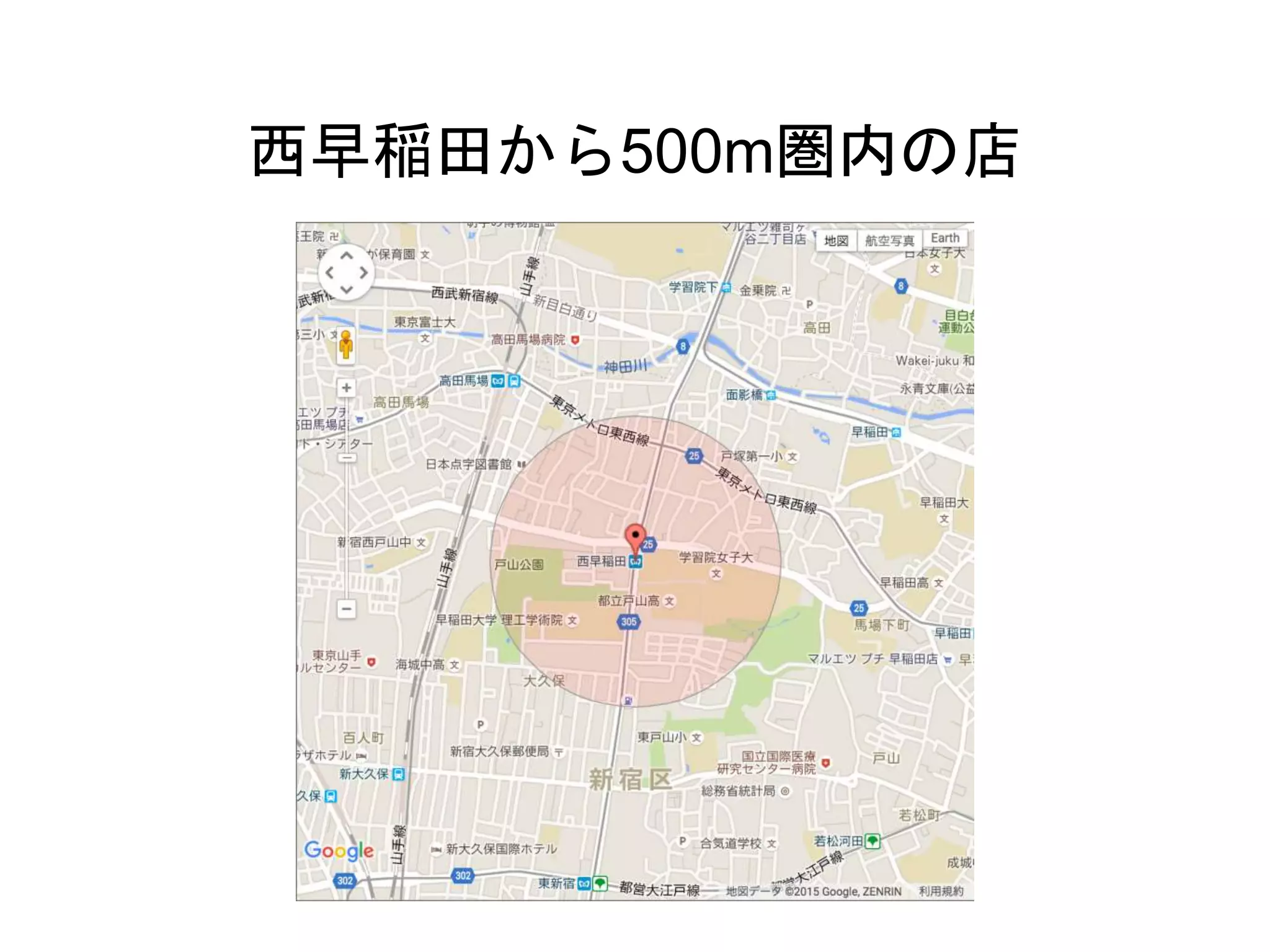 西早稲田から500m圏内の店
 