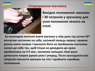 Спорядження магазину
Вихідне положення: магазин
і 30 патронів у зручному для
учня положенні лежать на
столі.
За командою вчителя взяти магазин у ліву руку під кутом 45*
вогнутою частиною на себе, великий палець зверху; правою
рукою взяти патрон і покласти його на прийомник магазина
кулею до себе так, щоб гільза не доходила до краю
прийомника на 4-5 мм.; великим пальцем лівої руки
дотиснути патрон рухом униз і уперед. Після закладання всіх
патронів покласти магазин на стіл і прийняти стройове
положення.
 
