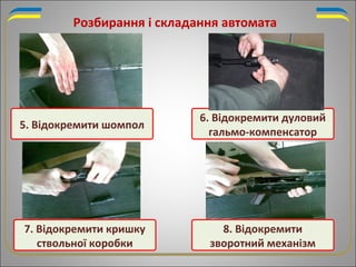 5. Відокремити шомпол
8. Відокремити
зворотний механізм
7. Відокремити кришку
ствольної коробки
6. Відокремити дуловий
гальмо-компенсатор
Розбирання і складання автомата
 