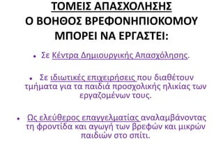 ΤΟΜΕΙΣ ΑΠΑΣΧΟΛΗΣΗΣ
Ο ΒΟΗΘΟΣ ΒΡΕΦΟΝΗΠΙΟΚΟΜΟΥ
ΜΠΟΡΕΙ ΝΑ ΕΡΓΑΣΤΕΙ:
 Σε Κέντρα Δημιουργικής Απασχόλησης.
 Σε ιδιωτικές επιχειρήσεις που διαθέτουν
τμήματα για τα παιδιά προσχολικής ηλικίας των
εργαζομένων τους.
 Ως ελεύθερος επαγγελματίας αναλαμβάνοντας
τη φροντίδα και αγωγή των βρεφών και μικρών
παιδιών στο σπίτι.
 