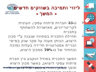 ‫חדשים‬ ‫בשווקים‬ ‫ותמיכה‬ ‫ליווי‬‫חדשים‬ ‫בשווקים‬ ‫ותמיכה‬ ‫ליווי‬
- -‫המשך‬- -‫המשך‬
-‫כ‬35,‫העונות‬ ‫עסקי‬ ‫פיתוח‬ ‫חברות‬
,‫להשתתף‬ ‫מאושרות‬ ‫לקריטריונים‬
‫בתכנית‬
"‫מכון‬ ‫י‬ ‫ע‬ ‫שנבנה‬ ‫במתווה‬ ‫התכנית‬ ‫תחילת‬
,‫בסיסי‬ ‫שוק‬ ‫סקר‬ ‫על‬ ‫מענה‬ ‫הנותן‬ ‫היצוא‬
‫נמוכה‬ ‫בעלות‬ ‫חדירה‬ ‫אסטרטגית‬ ‫ובניית‬
-‫כ‬ ‫של‬ ‫ובהחזר‬70%.‫היצוא‬ ‫ממכון‬
‫חברת‬ ‫בין‬ ‫הנקבע‬ ‫במודל‬ ‫התכנית‬ ‫המשך‬
,‫היצוא‬ ‫מכון‬ ‫כאשר‬ ‫ליצואן‬ ‫עסקי‬ ‫פיתוח‬
‫ליצואן‬ ‫כספיים‬ ‫החזרים‬ ‫במתן‬ ‫תומך‬‫עסקיים‬ ‫שותפים‬ ‫איתור‬ ‫יחידה‬ ‫מנהלת‬ ‫קול‬ ‫רנה‬‫עסקיים‬ ‫שותפים‬ ‫איתור‬ ‫יחידה‬ ‫מנהלת‬ ‫קול‬ ‫רנה‬03-514293303-5142933reneek@export.gov.ilreneek@export.gov.il
 