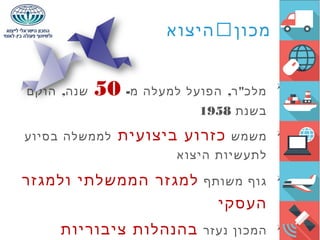 
- , "‫מ‬ ‫למעלה‬ ‫הפועל‬ ‫ר‬ ‫מלכ‬50,‫הוקם‬ ‫שנה‬
‫בשנת‬1958
‫משמש‬‫ביצועית‬ ‫כזרוע‬‫בסיוע‬ ‫לממשלה‬
‫היצוא‬ ‫לתעשיות‬
‫משותף‬ ‫גוף‬‫ולמגזר‬ ‫הממשלתי‬ ‫למגזר‬
‫העסקי‬
‫נעזר‬ ‫המכון‬‫ציבוריות‬ ‫בהנהלות‬
‫מכון‬‫היצוא‬
 