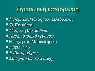 Στρατιωτική κατάρρευσηΣτρατιωτική κατάρρευση
 Ποιος;Ποιος; Σουλτάνος των ΣελτζούκωνΣουλτάνος των Σελτζούκων
 Τι;Τι; ΕπιτίθεταιΕπιτίθεται
 Πού;Πού; Στη Μικρά ΑσίαΣτη Μικρά Ασία
 Κύριο ιστορικό γεγονός;Κύριο ιστορικό γεγονός;
 Η μάχη στο ΜυριοκέφαλοΗ μάχη στο Μυριοκέφαλο
 Πότε;Πότε; 11761176
 Έκβαση μάχης;Έκβαση μάχης;
 Σύγκριση με ποια μάχη;Σύγκριση με ποια μάχη;
 