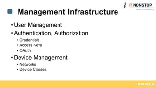 •User Management
•Authentication, Authorization
• Credentials
• Access Keys
• OAuth
•Device Management
• Networks
• Device Classes
Management Infrastructure
 