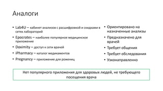 Аналоги
• Lab4U – кабинет анализов с расшифровкой и скидками в
сетях лабораторий
• Epocrates – наиболее популярное медицинское
приложение
• Doximity – доступ к сети врачей
• iPharmacy – каталог медикаментов
• Pregnancy – приложение для рожениц
• Ориентировано на
назначенные анализы
• Предназначено для
врачей
• Требует общения
• Требует обследования
• Узконаправленно
Нет популярного профилактического приложения для здоровых людей, не
требующего посещения врача либо общения с ним.
 