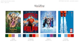 창의적 발상 Color Bath _ animation posters
라푼젤
2010/11/24
주먹왕 랄프
2012/11/02
겨울왕국
2013/11/15
빅 히어로
2014/11/07
Walt Disney Animation studios
Poster _ Key Color
 