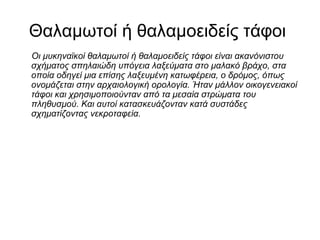 Θαλαμωτοί ή θαλαμοειδείς τάφοι
Οι μυκηναϊκοί θαλαμωτοί ή θαλαμοειδείς τάφοι είναι ακανόνιστου
σχήματος σπηλαιώδη υπόγεια λαξεύματα στο μαλακό βράχο, στα
οποία οδηγεί μια επίσης λαξευμένη κατωφέρεια, ο δρόμος, όπως
ονομάζεται στην αρχαιολογική ορολογία. Ήταν μάλλον οικογενειακοί
τάφοι και χρησιμοποιούνταν από τα μεσαία στρώματα του
πληθυσμού. Και αυτοί κατασκευάζονταν κατά συστάδες
σχηματίζοντας νεκροταφεία.
 