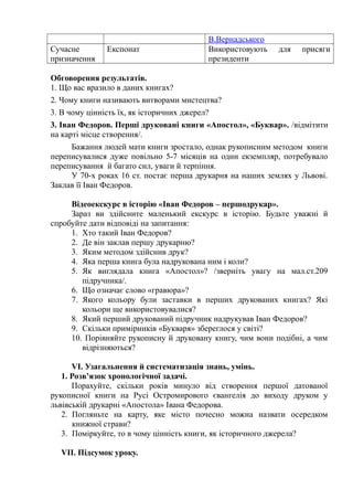 В.Вернадського
Сучасне
призначення
Експонат Використовують для присяги
президенти
Обговорення результатів.
1. Що вас вразило в даних книгах?
2. Чому книги називають витворами мистецтва?
3. В чому цінність їх, як історичних джерел?
3. Іван Федоров. Перші друковані книги «Апостол», «Буквар». /відмітити
на карті місце створення/.
Бажання людей мати книги зростало, однак рукописним методом книги
переписувалися дуже повільно 5-7 місяців на один екземпляр, потребувало
переписування й багато сил, уваги й терпіння.
У 70-х роках 16 ст. постає перша друкарня на наших землях у Львові.
Заклав її Іван Федоров.
Відеоекскурс в історію «Іван Федоров – першодрукар».
Зараз ви здійсните маленький екскурс в історію. Будьте уважні й
спробуйте дати відповіді на запитання:
1. Хто такий Іван Федоров?
2. Де він заклав першу друкарню?
3. Яким методом здійснив друк?
4. Яка перша книга була надрукована ним і коли?
5. Як виглядала книга «Апостол»? /зверніть увагу на мал.ст.209
підручника/.
6. Що означає слово «гравюра»?
7. Якого кольору були заставки в перших друкованих книгах? Які
кольори ще використовувалися?
8. Який перший друкований підручник надрукував Іван Федоров?
9. Скільки примірників «Букваря» збереглося у світі?
10. Порівняйте рукописну й друковану книгу, чим вони подібні, а чим
відрізняються?
VІ. Узагальнення й систематизація знань, умінь.
1. Розв’язок хронологічної задачі.
Порахуйте, скільки років минуло від створення першої датованої
рукописної книги на Русі Остромирового євангелія до виходу друком у
львівській друкарні «Апостола» Івана Федорова.
2. Погляньте на карту, яке місто почесно можна назвати осередком
книжної страви?
3. Поміркуйте, то в чому цінність книги, як історичного джерела?
VІІ. Підсумок уроку.
 