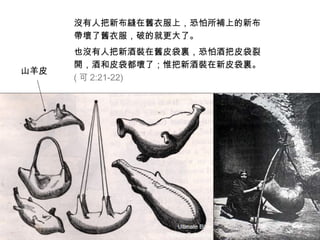 沒有人把新布縫在舊衣服上，恐怕所補上的新布
帶壞了舊衣服，破的就更大了。
也沒有人把新酒裝在舊皮袋裏，恐怕酒把皮袋裂
開，酒和皮袋都壞了；惟把新酒裝在新皮袋裏。
( 可 2:21-22)
山羊皮
 