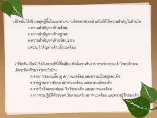 1.อิริคสัน ได้สร้างทฤษฎีขึ้นในแนวทางความคิดของฟรอยด์ แต่ไม่ได้ให้ความสาคัญในด้านใด
ก.ความสาคัญทางด้านสังคม
ข.ความสาคัญทางด้านฐานะ
ค.ความสาคัญทางด้านวัฒนธรรม
ง.ความสาคัญทางด้านสิ่งแวดล้อม
2.อิริคสัน เป็นนักจิตวิเคราะห์ที่มีชื่อเสียง ดังนั้นเขาเห็นว่าการจะทาความเข้าใจพฤติกรรม
เด็กจะต้องศึกษาจากอะไรบ้าง
ก.จากการอบรมเลี้ยงดู สภาพแวดล้อม และความเป็นอยู่ของเด็ก
ข.จากฐานะทางสังคม สภาพแวดล้อม และอารมณ์ของเด็ก
ค.จากอิทธิพลของพ่อแม่ จิตใจของเด็ก และสภาพแวดล้อม
ง.จากการปฏิบัติตัวของคนในครอบครัว สภาพแวดล้อม และความรู้สึกของเด็ก
 