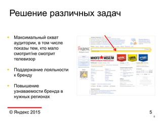 5
Решение различных задач
© Яндекс 2015 5
 Максимальный охват
аудитории, в том числе
показы тем, кто мало
смотрит/не смотрит
телевизор
 Поддержание лояльности
к бренду
 Повышение
узнаваемости бренда в
нужных регионах
 