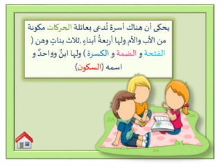 ‫بعائلة‬‫دعى‬
ُ
‫ت‬ ‫أسرة‬‫هناك‬‫أن‬‫يحكى‬‫الحركات‬‫مكونة‬
ٍ‫أبناء‬
ُ
‫بعة‬‫ر‬‫أ‬‫ولها‬ ‫واألم‬ ‫األب‬‫من‬,ٍ‫بنات‬‫ثالث‬‫وهن‬(
‫الفتحة‬‫و‬‫الضمة‬‫و‬‫الكسرة‬)ٌ‫احد‬‫و‬‫و‬ ٌ‫ابن‬‫ولها‬‫و‬
‫اسمه‬(‫ن‬‫السكو‬)
 