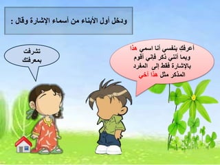 ‫وقال‬ ‫اإلشارة‬ ‫أسماء‬ ‫من‬ ‫األبناء‬ ‫أول‬ ‫ودخل‬:
‫تشرفت‬
‫بمعرفتك‬
‫اسمي‬ ‫أنا‬ ‫بنفسي‬ ‫أعرفك‬‫ه‬‫ذا‬
‫أقوم‬ ‫فإني‬ ‫ذكر‬ ‫أنني‬ ‫وبما‬
‫المفرد‬ ‫إلى‬ ‫فقط‬ ‫باإلشارة‬
‫مثل‬ ‫المذكر‬‫أخي‬ ‫هذا‬
 