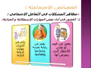 ‫اإلجتماعي‬ ‫فاعل‬ّ‫ت‬‫ال‬ ‫في‬ ‫المشكالت‬ ‫مظاهر‬:
‫الح‬ ‫و‬ ‫ّة‬‫ي‬‫اإلستقالل‬ ‫المهارات‬ ‫بعض‬ ‫أداء‬ ‫في‬ ‫القصور‬‫ّة‬‫ي‬‫يات‬:
 