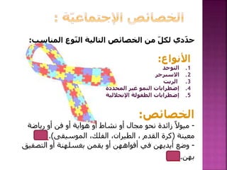 ‫الم‬ ‫وع‬ّ‫ن‬‫ال‬ ‫التالية‬ ‫الخصائص‬ ‫من‬ ّ‫ل‬‫لك‬ ‫دي‬ّ‫د‬‫ح‬‫ناسب‬:
‫األنواع‬:
.1‫التوحد‬
.2‫االسبرجر‬
.3‫الريت‬
.4‫المحددة‬ ‫غير‬ ‫النمو‬ ‫إضطرابات‬
.5‫اإلنحالل‬ ‫الطفولة‬ ‫إضطرابات‬‫ية‬
‫الخصائص‬:
-‫رياضة‬ ‫أو‬ ‫فن‬ ‫أو‬ ‫هواية‬ ‫أو‬ ‫نشاط‬ ‫أو‬ ‫مجال‬ ‫نحو‬ ‫زائدة‬ ً‫ميوال‬
‫معينة‬(‫الموسيقى‬ ،‫الفلك‬ ،‫الطيران‬ ، ‫القدم‬ ‫كرة‬.)(2)
-‫أو‬ ‫أفواههن‬ ‫في‬ ‫أيديهن‬ ‫وضع‬‫التصفي‬ ‫أو‬ ‫بغسلهنة‬ ‫يقمن‬‫ق‬
‫بهن‬.(3)
 