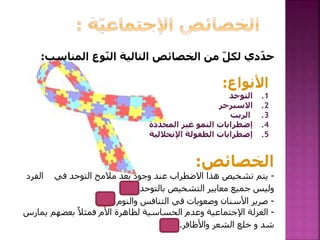 ‫الم‬ ‫وع‬ّ‫ن‬‫ال‬ ‫التالية‬ ‫الخصائص‬ ‫من‬ ّ‫ل‬‫لك‬ ‫دي‬ّ‫د‬‫ح‬‫ناسب‬:
‫األنواع‬:
.1‫التوحد‬
.2‫االسبرجر‬
.3‫الريت‬
.4‫المحددة‬ ‫غير‬ ‫النمو‬ ‫إضطرابات‬
.5‫اإلنحالل‬ ‫الطفولة‬ ‫إضطرابات‬‫ية‬
‫الخصائص‬:
-‫في‬ ‫التوحد‬ ‫مالمح‬ ‫بعد‬ ‫وجود‬ ‫عند‬ ‫االضطراب‬ ‫هذا‬ ‫تشخيص‬ ‫يتم‬‫الفرد‬
‫بالتوحد‬ ‫التشخيص‬ ‫معايير‬ ‫جميع‬ ‫وليس‬.(4)
-‫والنوم‬ ‫التنافس‬ ‫في‬ ‫وصعوبات‬ ‫األسنان‬ ‫صرير‬.(3)
-ً‫فمثال‬ ‫األم‬ ‫لظاهرة‬ ‫الحساسية‬ ‫وعدم‬ ‫اإلجتماعية‬ ‫العزلة‬‫يمارس‬ ‫بعضهم‬
‫واألظافر‬ ‫الشعر‬ ‫خلع‬ ‫و‬ ‫شد‬.(1)
 