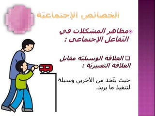 ‫في‬ ‫المشكالت‬ ‫مظاهر‬
‫اإلجتماعي‬ ‫فاعل‬ّ‫ت‬‫ال‬:
‫مق‬ ‫ة‬ّ‫ي‬‫الوسيل‬ ‫العالقة‬‫ابل‬
‫ة‬ّ‫ي‬‫التعبير‬ ‫العالقة‬:
‫وسيلة‬ ‫اآلخرين‬ ‫من‬ ‫خذ‬ّ‫ت‬‫ي‬ ‫حيث‬
‫يريد‬ ‫ما‬ ‫لتنفيذ‬.
 