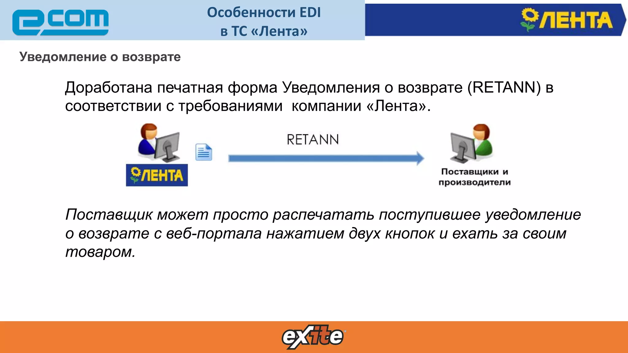 Особенности EDI
в ТС «Лента»
Уведомление о возврате
Доработана печатная форма Уведомления о возврате (RETANN) в
соответствии с требованиями компании «Лента».
Поставщик может просто распечатать поступившее уведомление
о возврате с веб-портала нажатием двух кнопок и ехать за своим
товаром.
 