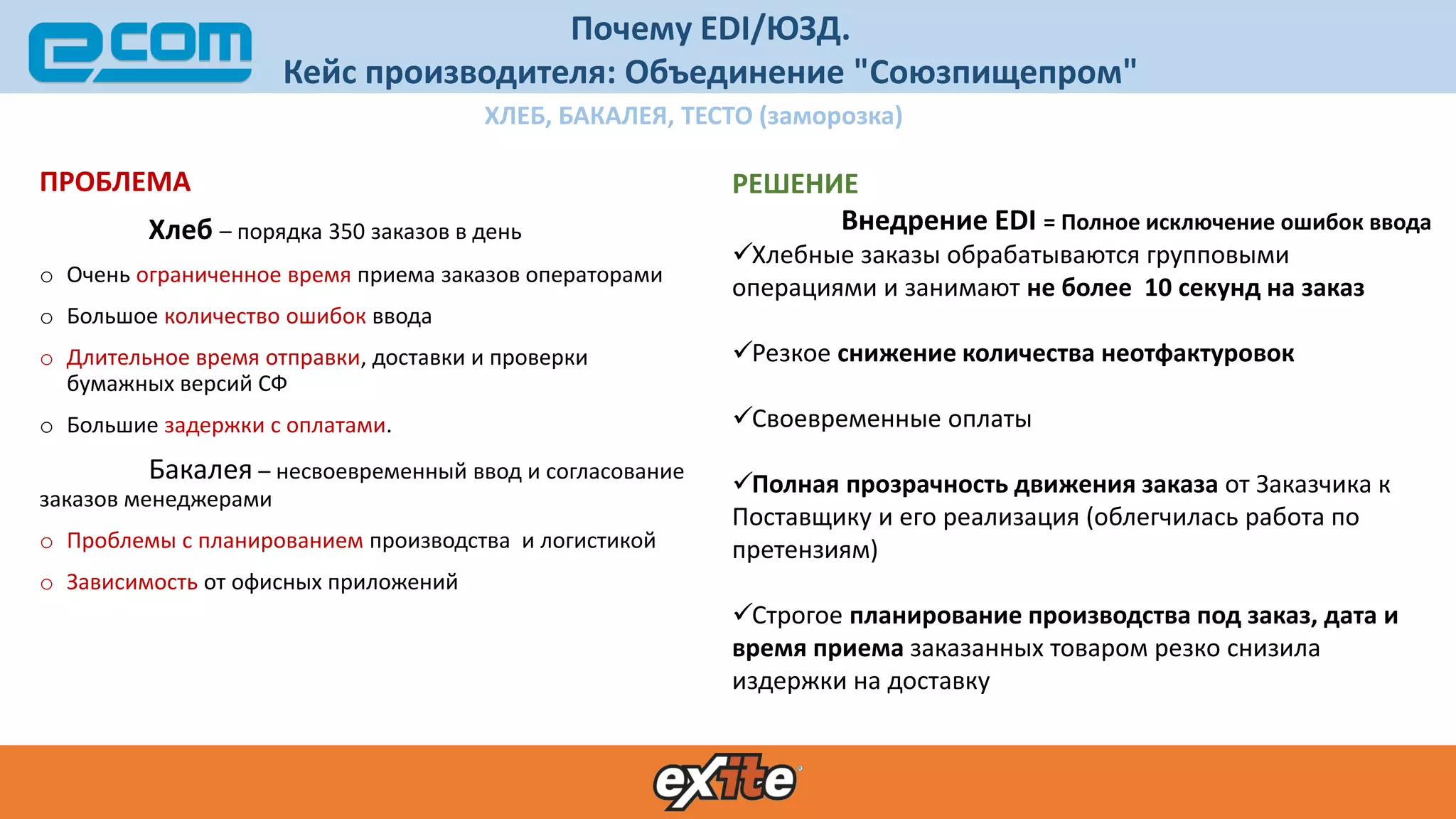 Почему EDI/ЮЗД.
Кейс производителя: Объединение "Союзпищепром"
ПРОБЛЕМА
Хлеб – порядка 350 заказов в день
o Очень ограниченное время приема заказов операторами
o Большое количество ошибок ввода
o Длительное время отправки, доставки и проверки
бумажных версий СФ
o Большие задержки с оплатами.
Бакалея – несвоевременный ввод и согласование
заказов менеджерами
o Проблемы с планированием производства и логистикой
o Зависимость от офисных приложений
РЕШЕНИЕ
Внедрение EDI = Полное исключение ошибок ввода
Хлебные заказы обрабатываются групповыми
операциями и занимают не более 10 секунд на заказ
Резкое снижение количества неотфактуровок
Своевременные оплаты
Полная прозрачность движения заказа от Заказчика к
Поставщику и его реализация (облегчилась работа по
претензиям)
Строгое планирование производства под заказ, дата и
время приема заказанных товаром резко снизила
издержки на доставку
ХЛЕБ, БАКАЛЕЯ, ТЕСТО (заморозка)
 