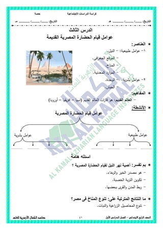 ‫االجتماعية‬ ‫الدراسات‬ ‫كراسة‬‫حصة‬
........ :‫التاريخ‬/........../‫هـ‬ .............. :‫التاريخ‬......./........../.............‫م‬‫ـ‬
41 ‫الصف‬‫ابع‬‫ر‬‫ال‬‫االبتدائى‬–‫األول‬‫الدراسى‬‫الفصل‬‫للغات‬ ‫األزهرية‬‫الكمال‬‫معاهد‬
‫الدرس‬‫ا‬‫لثالث‬
‫القديمة‬ ‫المصرية‬ ‫الحضارة‬ ‫قيام‬ ‫عوامل‬
‫العناصر‬:
1-:‫طبيعية‬ ‫امل‬‫و‬‫ع‬-.‫النيل‬
-.‫افى‬‫ر‬‫الجغ‬ ‫الموقع‬
-.‫المناخ‬
-.‫المعدنية‬ ‫ارد‬‫و‬‫الم‬
2-:‫ية‬‫ر‬‫بش‬ ‫امل‬‫و‬‫ع‬-.‫الوحدة‬
-.‫الجيش‬
:‫المفاهيم‬
-‫القديم‬ ‫العالم‬:‫(اسيا‬ ‫القديم‬ ‫العالم‬ ‫ات‬‫ر‬‫قا‬ ‫ىو‬–‫يقيا‬‫ر‬‫اف‬–)‫أوروبا‬
:‫األنشطة‬
‫قي‬ ‫عوامل‬‫المصرية‬ ‫الحضارة‬ ‫ام‬
‫هامة‬ ‫اسئله‬
:‫تفسر‬ ‫بم‬‫المصرية‬ ‫ة‬‫الحضار‬ ‫لقيام‬ ‫النيل‬ ‫نير‬ ‫أىمية‬‫؟‬
-.‫الرخاء‬‫و‬ ‫الخير‬ ‫مصدر‬ ‫ىو‬
-.‫الخصبة‬ ‫بة‬‫ر‬‫الت‬ ‫تكوين‬
-.‫ببعضيا‬ ‫ى‬‫القر‬‫و‬ ‫المدن‬ ‫بط‬‫ر‬
‫مصر؟‬ ‫فى‬ ‫المناخ‬ ‫تنوع‬ :‫على‬ ‫المترتبة‬ ‫النتائج‬ ‫ما‬
-.‫النبات‬‫و‬ ‫اعية‬‫ر‬‫الز‬ ‫المحاصيل‬ ‫ع‬‫تنو‬
‫امل‬‫و‬‫ع‬‫ية‬‫ر‬‫بش‬ ‫طبيعية‬ ‫امل‬‫و‬‫ع‬
........................................................................................................................
 