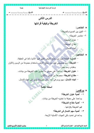 ‫االجتماعية‬ ‫الدراسات‬ ‫كراسة‬‫حصة‬
........ :‫التاريخ‬/........../‫هـ‬ .............. :‫التاريخ‬......./........../.............‫م‬‫ـ‬
5 ‫الصف‬‫ابع‬‫ر‬‫ال‬‫االبتدائى‬–‫األول‬‫الدراسى‬‫الفصل‬‫للغات‬ ‫األزهرية‬‫الكمال‬‫معاهد‬
‫ال‬ ‫الدرس‬‫ثانى‬
‫قرائتها‬ ‫وكيفية‬ ‫الخريطة‬
‫العناصر‬:
1-‫ال‬.‫يطة‬‫ر‬‫الخ‬‫و‬ ‫ة‬‫ر‬‫الصو‬ ‫بين‬ ‫فرق‬
2-:‫يطة‬‫ر‬‫الخ‬ ‫عناصر‬
-.‫يطة‬‫ر‬‫الخ‬ ‫ان‬‫و‬‫عن‬
-.‫يطة‬‫ر‬‫الخ‬ ‫مفتاح‬
-.‫الشمال‬ ‫اتجاه‬
:‫المفاهيم‬
-:‫ة‬‫الصور‬.‫الحقيقة‬ ‫فى‬ ‫كما‬ ‫االشياء‬ ‫فييا‬ ‫تظير‬ ‫االرض‬ ‫سطح‬ ‫من‬ ‫ء‬‫لجز‬ ‫لقطعة‬
-‫الخريطة‬‫ان‬‫و‬‫االل‬‫و‬ ‫الرسوم‬ ‫من‬ ‫مجموعة‬ ‫باستخدام‬ ‫االرض‬ ‫سطح‬ ‫من‬ ‫ء‬‫لجز‬ ‫توضيحى‬ ‫رسم‬ :
.‫معين‬ ‫رسم‬ ‫ومقياس‬
-‫ان‬‫و‬‫عن‬:‫الخريطة‬.‫بيانات‬ ‫من‬ ‫يطة‬‫ر‬‫الخ‬ ‫عميو‬ ‫تحتوى‬ ‫ما‬ ‫معرفى‬ ‫عمى‬ ‫يساعدنا‬
-‫الخريطة‬ ‫مفتاح‬.‫ان‬‫و‬‫األل‬‫و‬ ‫الرموز‬ ‫من‬ ‫مجموعة‬ :
-:‫الشمال‬ ‫اتجاه‬.‫الشمال‬ ‫اتجاه‬ ‫إلى‬ ‫يشير‬ ‫يطة‬‫ر‬‫الخ‬ ‫أركان‬ ‫أحد‬ ‫فى‬ ‫يرسم‬ ‫سيم‬
‫هامة‬ ‫اسئله‬
:‫تفسر‬ ‫بم‬
1-‫الخريطة؟‬ ‫ان‬‫و‬‫عن‬ ‫أىمية‬
‫بيا‬ ‫من‬ ‫يطة‬‫ر‬‫الخ‬ ‫تحتويو‬ ‫ما‬ ‫معرفة‬ ‫عمى‬ ‫يساعدنا‬.‫نات‬
2-‫الخريطة؟‬ ‫مفتاح‬ ‫أىمية‬
.‫اءتيا‬‫ر‬‫وق‬ ‫يطة‬‫ر‬‫الخ‬ ‫فيم‬
3-‫الخريطة؟‬ ‫فى‬ ‫الشمال‬ ‫سيم‬ ‫أىمية‬
.‫بعة‬‫ر‬‫اال‬ ‫األصمية‬ ‫الجيات‬ ‫باقى‬ ‫تحديد‬ ‫فى‬ ‫يساعد‬
 