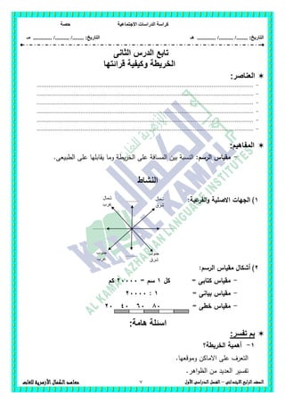 ‫االجتماعية‬ ‫الدراسات‬ ‫كراسة‬‫حصة‬
........ :‫التاريخ‬/........../‫هـ‬ .............. :‫التاريخ‬......./........../.............‫م‬‫ـ‬
7 ‫الصف‬‫ابع‬‫ر‬‫ال‬‫االبتدائى‬–‫األول‬‫الدراسى‬‫الفصل‬‫للغات‬ ‫األزهرية‬‫الكمال‬‫معاهد‬
‫تابع‬‫الدرس‬‫الثانى‬
‫قرائتها‬ ‫وكيفية‬ ‫الخريطة‬
:‫العناصر‬
-.................................................................................................................................
-.................................................................................................................................
-.................................................................................................................................
-.................................................................................................................................
-.................................................................................................................................
-.................................................................................................................................
:‫المفاهيم‬
-‫الرسم‬ ‫مقياس‬:.‫الطبيعى‬ ‫عمى‬ ‫يقابميا‬ ‫وما‬ ‫يطة‬‫ر‬‫الخ‬ ‫عمى‬ ‫المسافة‬ ‫بين‬ ‫النسبة‬
‫النشاط‬
1):‫عية‬‫الفر‬‫و‬ ‫االصمية‬ ‫الجيات‬
2)‫ال‬ ‫مقياس‬ ‫أشكال‬:‫رسم‬
-‫كل‬ = ‫كتابى‬ ‫مقياس‬1= ‫سم‬22222‫كم‬
-= ‫بيانى‬ ‫مقياس‬1:22222
-= ‫خطى‬ ‫مقياس‬02024222
‫هامة‬ ‫اسئلة‬:
:‫تفسر‬ ‫بم‬
1-‫الخريطة؟‬ ‫أىمية‬
.‫وموقعيا‬ ‫االماكن‬ ‫عمى‬ ‫التعرف‬
.‫اىر‬‫و‬‫الظ‬ ‫من‬ ‫العديد‬ ‫تفسير‬
‫شمال‬
‫شرق‬
.........‫شمال‬
‫غرب‬
.......... ..........
.
‫جنوب‬
‫شرق‬
..........‫جنوب‬
‫غرب‬
 