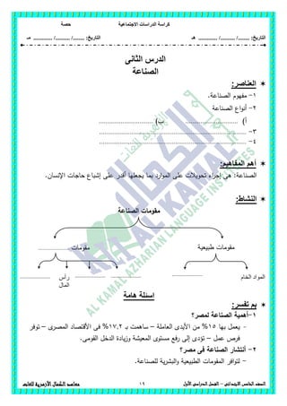 ‫االجت‬ ‫الدراسات‬ ‫كراسة‬‫ماعية‬‫حصة‬
........ :‫التاريخ‬/........../‫هـ‬ ..................... :‫التاريخ‬/........../.............‫م‬‫ـ‬
19 ‫الصف‬‫ال‬‫خامس‬‫االبتدائى‬–‫األول‬‫الدراسى‬‫الفصل‬‫للغات‬ ‫األزهرية‬‫الكمال‬‫معاهد‬
‫الثانى‬ ‫الدرس‬
‫الصناعة‬
‫العناصر‬:
1-.‫الصناعة‬ ‫مفيوم‬
2-‫الصناعة‬ ‫اع‬‫و‬‫أن‬
‫أ‬)...............................)‫ب‬................................
3-.......................................................................................
4-.......................................................................................
:‫المفاهيم‬ ‫أهم‬
.‫اإلنسان‬ ‫حاجات‬ ‫إشباع‬ ‫عمى‬ ‫أقدر‬ ‫يجعميا‬ ‫بما‬ ‫ارد‬‫و‬‫الم‬ ‫عمى‬ ‫تحويالت‬ ‫اء‬‫ر‬‫إج‬ ‫ىى‬ :‫الصناعة‬
:‫النشاط‬
‫مق‬‫الصناعة‬ ‫ومات‬
‫هامة‬ ‫اسئلة‬
:‫تفسر‬ ‫بم‬
1-‫لمصر؟‬ ‫الصناعة‬ ‫أىمية‬
-‫بيا‬ ‫يعمل‬15‫العاممة‬ ‫األيدى‬ ‫من‬ %–‫ـ‬‫ب‬ ‫ساىمت‬17,2‫ى‬‫المصر‬ ‫األقتصاد‬ ‫فى‬ %–‫توفر‬
‫عمل‬ ‫فرص‬–.‫القومى‬ ‫الدخل‬ ‫يادة‬‫ز‬‫و‬ ‫المعيشة‬ ‫مستوى‬ ‫رفع‬ ‫إلى‬ ‫تؤدى‬
2-‫مصر؟‬ ‫فى‬ ‫الصناعة‬ ‫أنتشار‬
-‫لمص‬ ‫ية‬‫ر‬‫البش‬‫و‬ ‫الطبيعية‬ ‫المقومات‬ ‫افر‬‫و‬‫لت‬.‫ناعة‬
‫طبيعية‬ ‫مقومات‬‫مقومات‬.......................
‫الخام‬ ‫المواد‬
.....................
.‫رأس‬
‫المال‬
.
..........................................
.
.....................
 