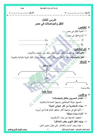 ‫االجت‬ ‫الدراسات‬ ‫كراسة‬‫ماعية‬‫حصة‬
........ :‫التاريخ‬/........../‫هـ‬ ..................... :‫التاريخ‬/........../.............‫م‬‫ـ‬
21 ‫الصف‬‫ال‬‫خامس‬‫االبتدائى‬–‫األول‬‫الدراسى‬‫الفصل‬‫للغات‬ ‫األزهرية‬‫الكمال‬‫معاهد‬
‫الثالث‬ ‫الدرس‬
‫مصر‬ ‫فى‬ ‫والمواصالت‬ ‫النقل‬
‫العناصر‬:
1-.‫مصر‬ ‫فى‬ ‫النقل‬ ‫أىمية‬
2-.‫مصر‬ ‫فى‬ ‫النقل‬ ‫اع‬‫و‬‫أن‬
‫أ‬)............................................)‫ب‬............................................
)‫ج‬............................................)‫د‬.............................................
:‫المفاهيم‬ ‫أهم‬
-:‫األتصاالت‬.‫نت‬‫ر‬‫األنت‬‫و‬ ‫الياتف‬ ‫عبر‬ ‫وذلك‬ ‫أنتقال‬ ‫دون‬ ‫اد‬‫ر‬‫األف‬ ‫أتصال‬ ‫ىو‬
-:‫اصالت‬‫و‬‫الم‬‫و‬ ‫النفل‬‫و‬ ‫اسطة‬‫و‬‫ب‬ ‫آلخر‬ ‫مكان‬ ‫من‬ ‫األنتقال‬ ‫ىو‬.‫الجوية‬‫و‬ ‫المائية‬‫و‬ ‫ية‬‫ر‬‫الب‬ ‫النقل‬ ‫سائل‬
:‫النشاط‬
‫النقل‬ ‫اع‬‫و‬‫أن‬
‫هامة‬ ‫اسئلة‬
:‫تفسر‬ ‫بم‬
1-‫اصالت؟‬‫و‬‫الم‬‫و‬ ‫بالنقل‬ ‫المصريين‬ ‫أىتمام‬
-.‫ة‬‫ر‬‫التجا‬‫و‬ ‫الصناعة‬ ‫وتسييل‬ ‫اطنيين‬‫و‬‫الم‬ ‫حركة‬ ‫لتسييل‬
2-‫أىمية؟‬ ‫انى‬‫و‬‫الم‬ ‫أكثر‬ ‫من‬ ‫األسكندرية‬ ‫ميناء‬
-ً‫ا‬‫تقدم‬ ‫العالم‬ ‫مناطق‬ ‫أكثر‬ ‫اجية‬‫و‬‫م‬ ‫فى‬ ‫تقع‬ ‫ألنيا‬.‫أوروبا‬ ‫فى‬
3-‫دمياط؟‬ ‫ميناء‬ ‫أنشاء‬
-.‫ية‬‫ر‬‫األسكند‬ ‫ميناء‬ ‫عن‬ ‫الضغط‬ ‫لتخفيف‬
4-‫المشاكل؟‬ ‫بعض‬ ‫ى‬‫النير‬ ‫النقل‬ ‫اجو‬‫و‬‫ي‬
-.‫النير‬ ‫ى‬‫مجر‬ ‫طول‬ ‫عمى‬ ‫القناطر‬‫و‬ ‫السدود‬ ‫وجود‬ ‫حيث‬
....................................
‫حذيذية‬ ‫سكك‬
.....................
.
..........................................
.
‫مائى‬ ....................................
 