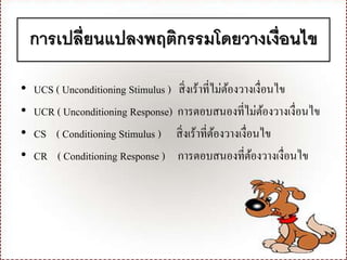 การเปลี่ยนแปลงพฤติกรรมโดยวางเงื่อนไข
• UCS ( Unconditioning Stimulus ) สิ่งเร้าที่ไม่ต้องวางเงื่อนไข
• UCR ( Unconditioning Response) การตอบสนองที่ไม่ต้องวางเงื่อนไข
• CS ( Conditioning Stimulus ) สิ่งเร้าที่ต้องวางเงื่อนไข
• CR ( Conditioning Response ) การตอบสนองที่ต้องวางเงื่อนไข
 