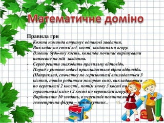 Правила гри
- Кожна команда отримує однакові завдання.
- Викладає на столі всі кості завданнями вгору.
- Взявши будь-яку кость, команда починає вирішувати
написане на ній завдання.
- Серед решти знаходить правильну відповідь.
- Поряд з умовою задачі прикладається вірна відповідь.
(Наприклад, спочатку по горизонталі викладається 3
кістки, потім робиться поворот вниз, викладаються
по вертикалі 2 ккості , потім знову 3 кості по
горизонталі вліво і 2 кості по вертикалі вгору.)
- Вирішивши 10 завдань, в учасників повинна вийти
геометрична фігура – прямокутник..
 
