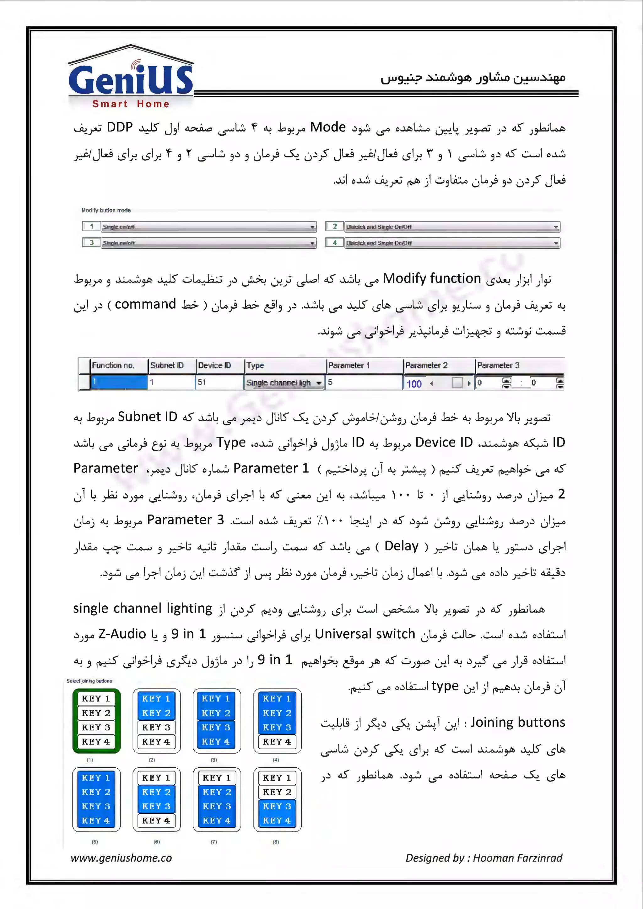 ~
Gen1USSmart Home
~-rJ DDP ~ J 31~ '5""L:. 'f ~ ..bJ-!r Mode .:i~ i..s" o..ut>l::...o ~-4 r..~ J.:i ~ J~~
_y.;i-1Jw LSlr. LSlr. 'f 3  '5""L:, 3.:> 3 0Li) ~- 0.:i~ Jw _y.;i./Jw LSlr. i 3 ' '5""L:, 3.:> ~ .::........! o~
.~I o~ ~rJ ~ ) .:.i31i::..o 0Li) 3.:i 0.:i~ Jw
Modify button mode
1111Single on/off
1131Single on/off
~ J 11211Dblclick and Single On/Off
~ J 11411Dblclick and Single On/O ff
..bJ-!r 3 ~~ ~ .:.i~ J.:i ~ i:.r..Yi ~I~ ~4 i..s" Modify function LS~ )J.!I )~
i:.r..I J.:i ( command .b ) 0Li) k> ~13 J.:i -~4 i..s" ~ LS~ '5""L:. LSlr. J-!.Jt..:...., 3 0Li) ~-rJ ~
-~ '· ·1 . U LL,.~ .:.ii· ·· c.::...:. · ~
3-'"' i..s° i$ 'J> T y!. ._. T ~ 3 }>
Function no. I Subnet 10 Oev ice 10 Ty pe Parameter 1 Parameter 2 Parameter 3
fl 11 51 Single ch annel ligh ... 5 100 ~ n ~ 0 ~ . 0 c;;;:
=- ·- (;'
~ ..bJ-!r Subnet ID~ ~4 i..s" ~..:i Jl;lS' ~- 0.:i~ d¥'l:>-1~3J 0Li) k> ~ ..bJ-!r )}4 .r..~
~4 i..s" ~lo) ry ~ ..bJ-!r Type .o~ ~l~I) J 3jl.o ID~ ..bJ-!r Device ID.~~~ ID
Parameter ·~..:i Jl;lS' o)...)...;:, Parameter 1 ( ~l.:i.;; 01 ~ ~) ~ ~-rJ ~I~ i..s" ~
01 4P .:iJ¥' <S.L.:...:::,3J •0L,) LSlr.-1 4 ~ ~ Lr..I ~ .~~ '• • l:; • ) <S.L.:...:::,3J ~J.:i 01.J::-o 2
0Lij ~ ..bJ-!r Parameter 3 ..::........1 o~ ~-rJ J' • • ~.I ).:i ~ .:i~ ~3) <S.L.:...:::,3) ~).:i 01.J-::--o
1..1..A.o <......:> ~ • l:; 4......iG 1..1..A.o .::........1 ~ ~ ~L ( Delay ) .l:; . ~ L .. ,) I IJ ... ... 3 r.> .. J J . i..s" r.> u .. Jr-' LS ?.
..:i~ i..s" Ir.I 0Lij Lr..I ~~) ~ p .:iJ¥' 0Li) .r,>l:i 0Lij Jl.o.d 4..:i~ i..s" o.:ib r,>l:i ~.:i
single channel lighting ) 0.:i~ ~..:i3 <S.L.:...:::,3) LSlr. .::........1 ~ )}4 r..~ J.:i ~ J~~
.:iJ¥' Z-Audio 4. 3 9 in 1 J~ ~l~I) LSlr. Universal switch 0Li) ..::.Jb- ..::........1 o~ o.:il.A::......I
~ 3 ~ ~l~I) LS~..:i J3)l.o J.:i IJ 9 in 1 ~I~~¥' yi> ~ .:.iJ~ Lr..I ~ .:iy.:f i..s" )} o.:il.A::......I
Select joining buttons
-~ i..s" o.:il.A::......1 type i:.r..I ) ~~ 0l.o) 01
KEY 1
I I IKEY 2
KEY 3 0.lS) ~..:i ~ ~1 Lr..I :Joining buttons
KEY4
L:. · .:i~ ~ I ~ .::........1 ~~ ..WS-- ~
4
'5"" u .. LS Y. .. LS
(1) (2) (3) (4)
I i i i
J.:i ~ J~~ ..:i~ i..s" o.:il.A::......I ~ ~ LS~
2
4
(5) (6) (7) (8)
www.geniushome.co Designed by : Hooman Farzinrad
 
