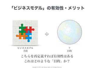 Copyright (C) 2015 Lean Startup Japan LLC All Rights Reserved.
「ビジネスモデル」の有効性・メリット
ビジネスモデル ？
こちらを再定義すれば有効性はある
これはどのような「目的」か...