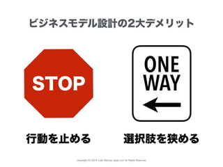 Copyright (C) 2015 Lean Startup Japan LLC All Rights Reserved.
ビジネスモデル設計の2大デメリット
STOP
ONE
WAY
行動を止める 選択肢を狭める
 