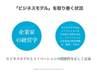 Copyright (C) 2015 Lean Startup Japan LLC All Rights Reserved.
「ビジネスモデル」を取り巻く状況
企業家
の経営学
ビジネスモデルとイノベーションの関係性を正しく定義
アントレプレナー ビジネスモデルは
イノベーションを
生み出す手段ではな
く、イノベーション
は企業家の経営判断
の「結果」である
 