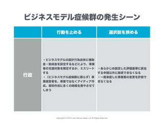 Copyright (C) 2015 Lean Startup Japan LLC All Rights Reserved.
行動を止める 選択肢を狭める
行政
・ビジネスモデルの設計行為自体に補助
金・助成金を設定するなどにより、事業
者の支援対象を限定するか、ミスリード
する
・（ビジネスモデル症候群に限らず）事
業経営者を、事業ではなくアイディア作
成、資料作成に多くの時間を費やさせて
しまう
・あらかじめ設定した評価基準に該当
する申請以外に融資できなくなる
・一度承認した事業案の変更を許容で
きなくなる
ビジネスモデル症候群の発生シーン
 