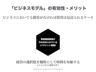 Copyright (C) 2015 Lean Startup Japan LLC All Rights Reserved.
「ビジネスモデル」の有効性・メリット
ビジネスにおいても勝算がなければ投資は見送られるケース
事業継続期間が
予め決められている
（イグジット戦略）
経営の選択肢を犠牲にして時間を短縮する
もちろん多大な犠牲を伴う
 