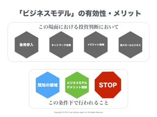 Copyright (C) 2015 Lean Startup Japan LLC All Rights Reserved.
「ビジネスモデル」の有効性・メリット
既知の領域
ビジネスモデル
デメリット理解
この条件下で行われること
脱スモールビジネス後発参入 ネットワーク効果 イグジット戦略
この場面における投資判断において
STOP
 
