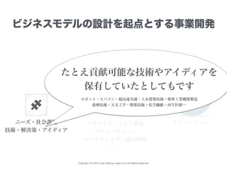 Copyright (C) 2015 Lean Startup Japan LLC All Rights Reserved.
ビジネスモデルの設計を起点とする事業開発
ニーズ・社会課題
技術・解決策・アイディア
マネタイズ・コスト構造
バリューチェーン
マーケティング・競合戦略
・・・
イノベーション
たとえ貢献可能な技術やアイディアを
保有していたとしてもです
ロボット・スパコン・超高速交通・土木建築技術・精密工業機器製造
養殖技術・天文工学・製薬技術・化学繊維・再生医療…
 